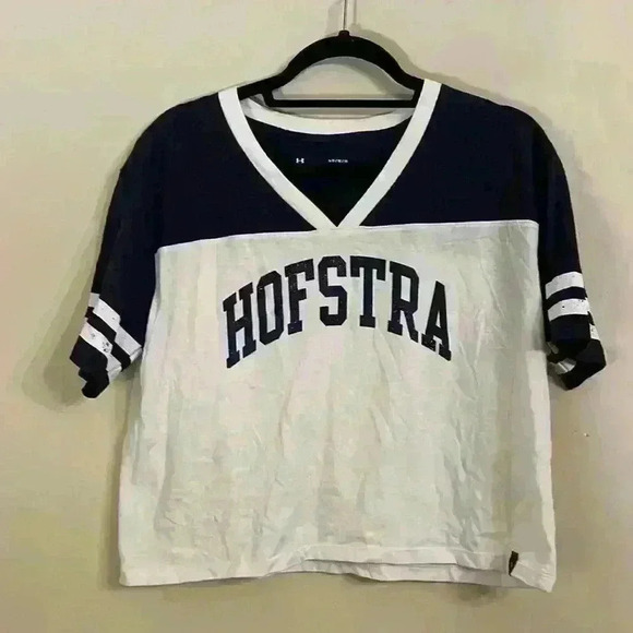 Hofstra Under Armour Cropped Navy and White Fan T Shirt Size M - Picture 1 of 10